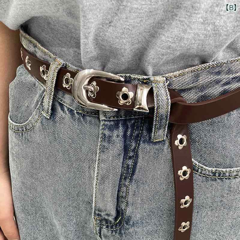 ベルト レディース 細ベルト PUレザー 花柄 デコレーション ジーンズ ブラック コーヒー色 (x3)