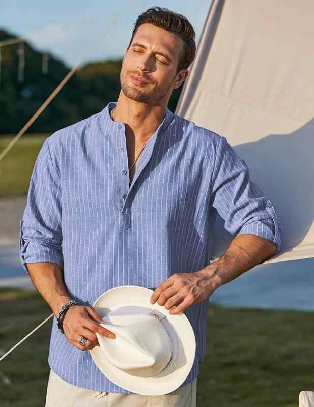 シャツ メンズ 男性用 ストライプ柄 プリント柄 長袖 デニムシャツ 立襟 ヨーロピアンカジュアル ポリエステル 通気性 ホワイト ブラック ブルー