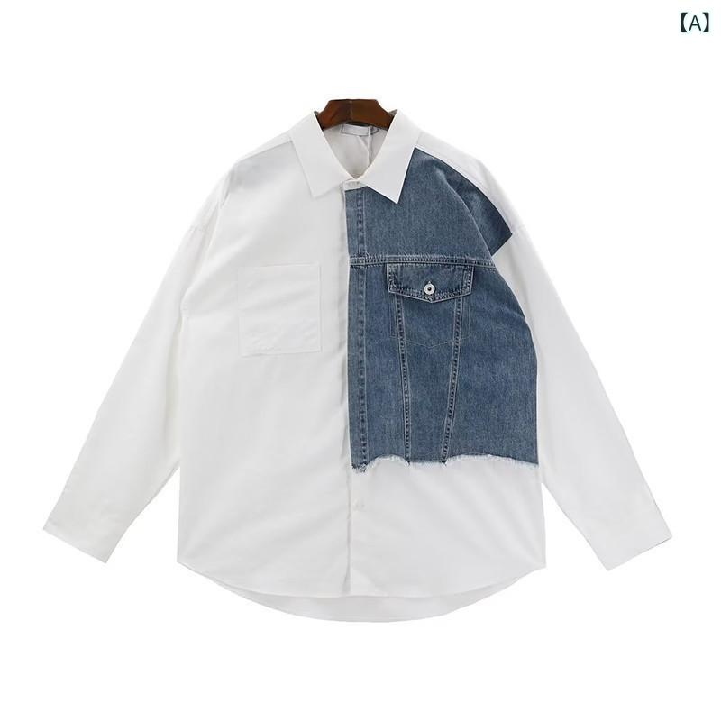 シャツ メンズ 長袖 レトロ 配色 切り替え デニム ネルシャツ風 ルーズフィット トップス カジュアル 秋冬