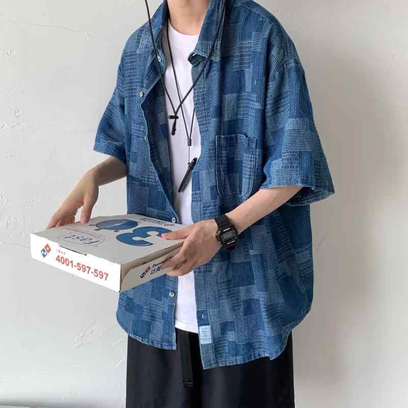 シャツ メンズ 半袖 夏物 デニム カジュアル トップス 5分袖 プリント 襟付き 黒 紺 白 M L XL 2XL(x2)