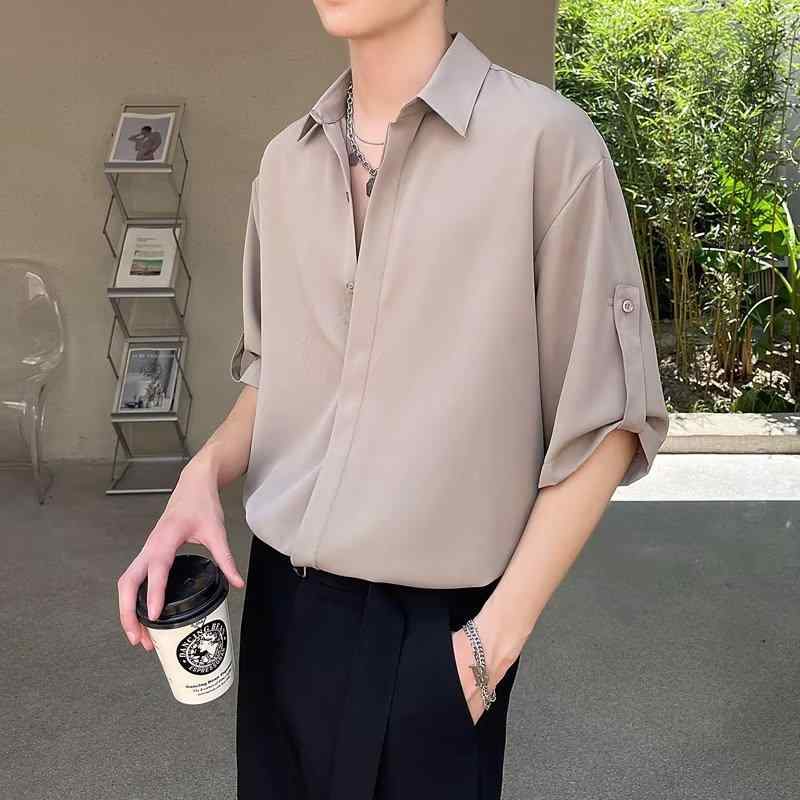 シャツ メンズ 長袖 春秋 無地 リネン 立ち襟 カジュアル ゆったり カーディガン風 トップス 羽織り グレー カーキ ホワイト ブラック