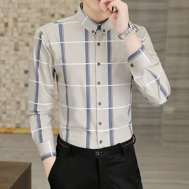 シャツ メンズ 格子柄 コットン混紡 トップス ビジネス 紳士 長袖 秋冬 プリンテッド 切り替え ボタン(4)