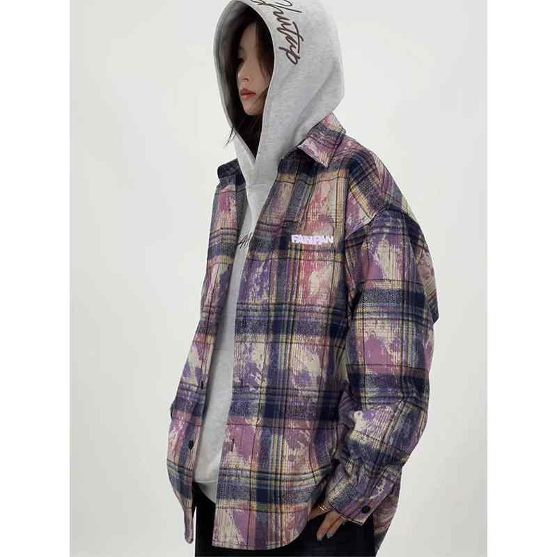 シャツ メンズ 長袖 藍色 紫色 格子柄 コットン混紡 レトロ トップス ゆったり 羽織り