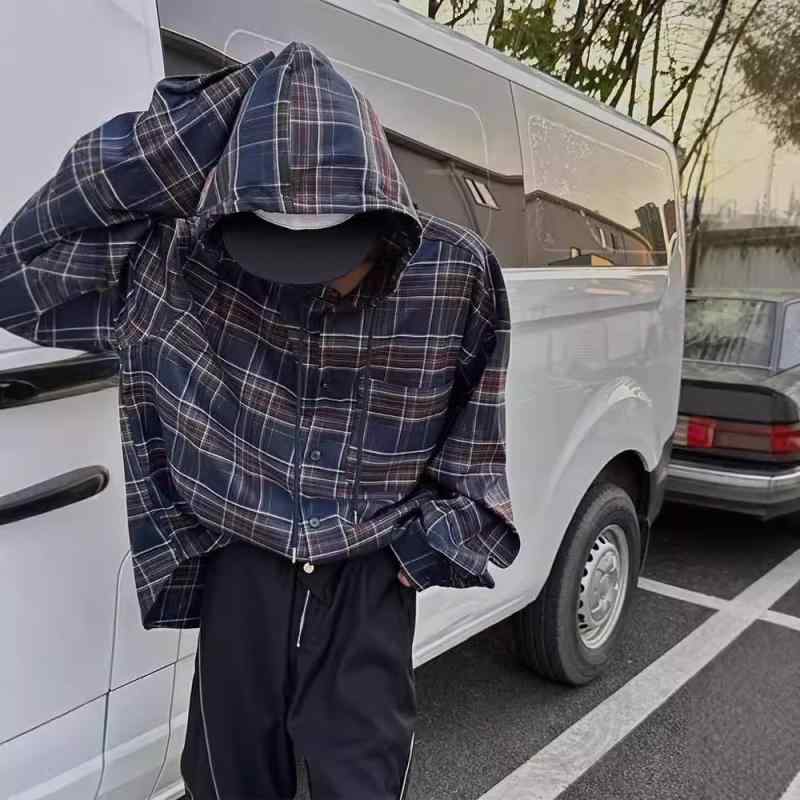 シャツ メンズ 男性用 格子柄 長袖 ネルシャツ ブルゾン ライトアウター トップス 春秋 ゆったり リラックス ルーズフィット ポリエステル ブルー