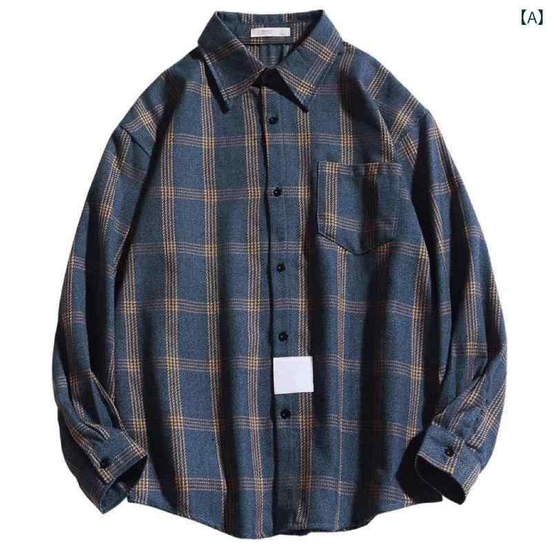 シャツ メンズ 韓国 長袖 カジュアル ネルシャツ チェック柄 トップス ペアルック 秋冬 ゆったり 普段使い ダークブルー M L XL 2XL 3XL