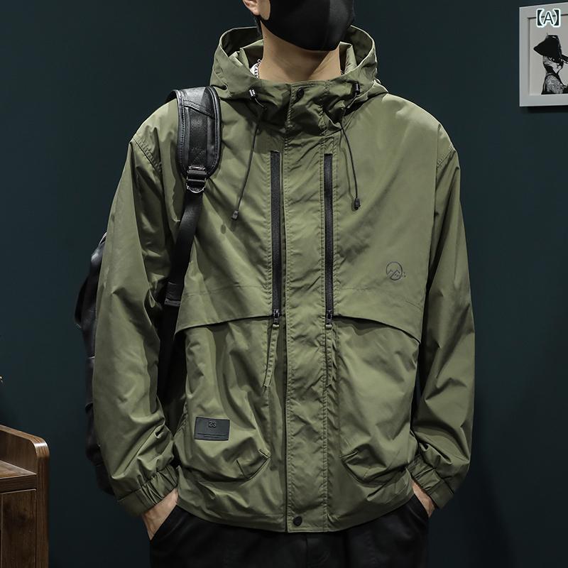 新 グリーン アウトドア ジャケット メンズ 春秋 フード 付きな 大きいサイズ ルーズ ワークジャケット..