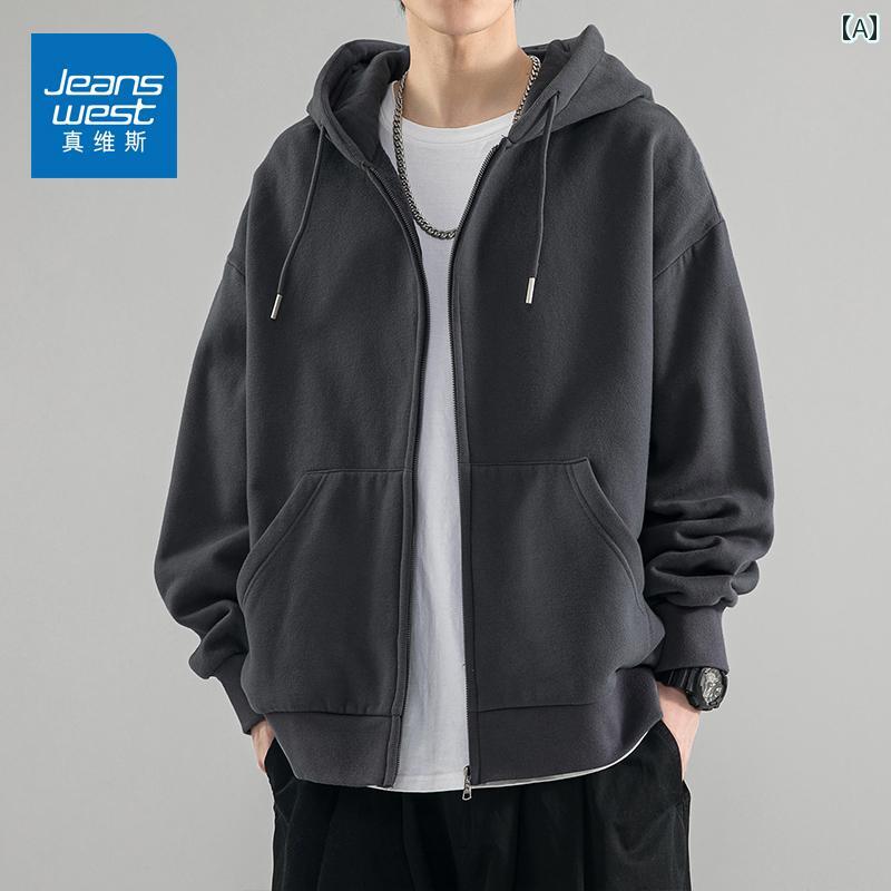 春 フード 付き スウェット メンズ アメリカン ジャケット 長袖 ゆったり カジュアル トップス.シンプ..