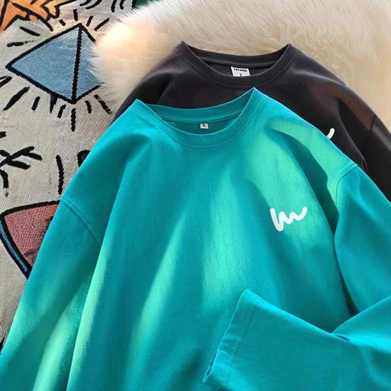 Tシャツ メンズ 長袖 トップス 秋 カットソー ルーズ 無地 ポリエステル混紡 丸首 インナー ブラック ..