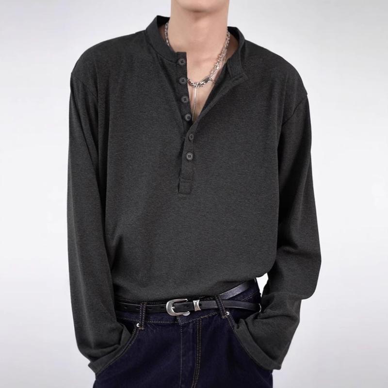Tシャツ メンズ ヘンリーネック 長袖 ポリエステル アメリカンレトロ 無地 プルオーバー カットソー リ..