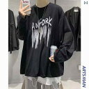 Tシャツ メンズ 長袖 ポリエステル混紡 ゆったり プリント ラウンドネック ドロップショルダー ブラック ホワイト 秋