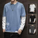 Tシャツ メンズ フェイクレイヤード プルオーバー 長袖 ポリエステル ラウンドネック プリント 春秋 カジュアル トップス グレー ホワイト ブラック ブルー...
