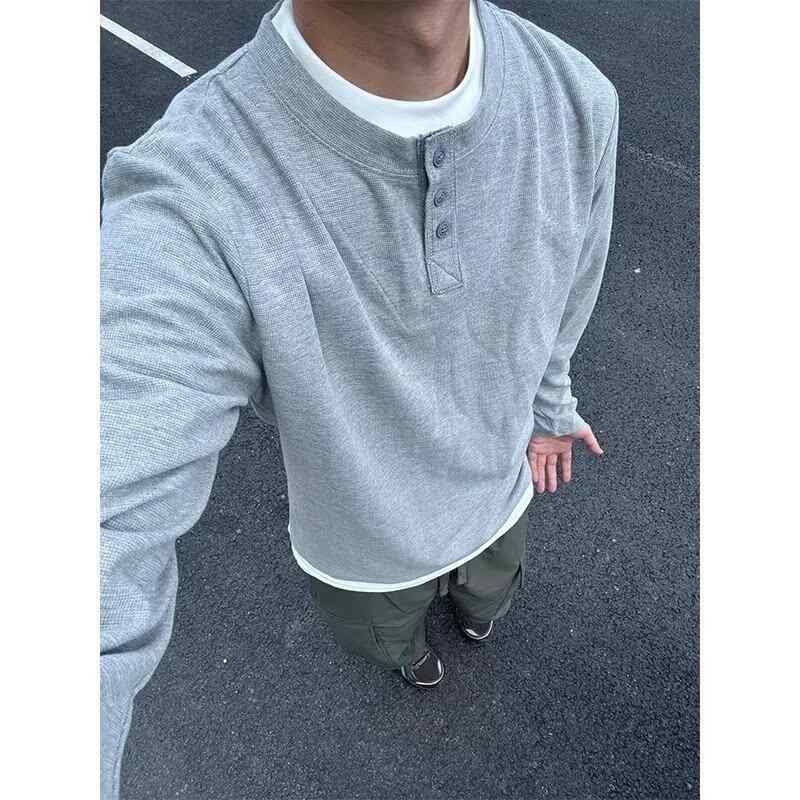 Tシャツ メンズ フェイクレイヤード ヘンリーネック 長袖 トップス カットソー ティーン 普段使い 春秋 ポリエステル混紡 グレー ブラック