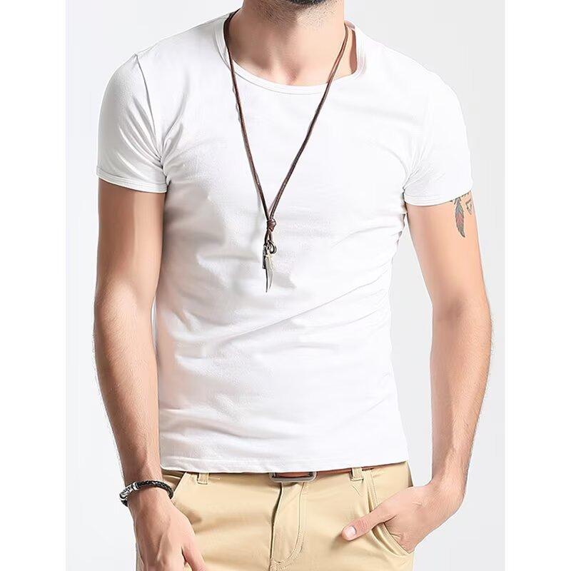 Tシャツ メンズ 男性用 半袖 トップス カットソー 無地 丸首 スリム ストレッチ 白 黒