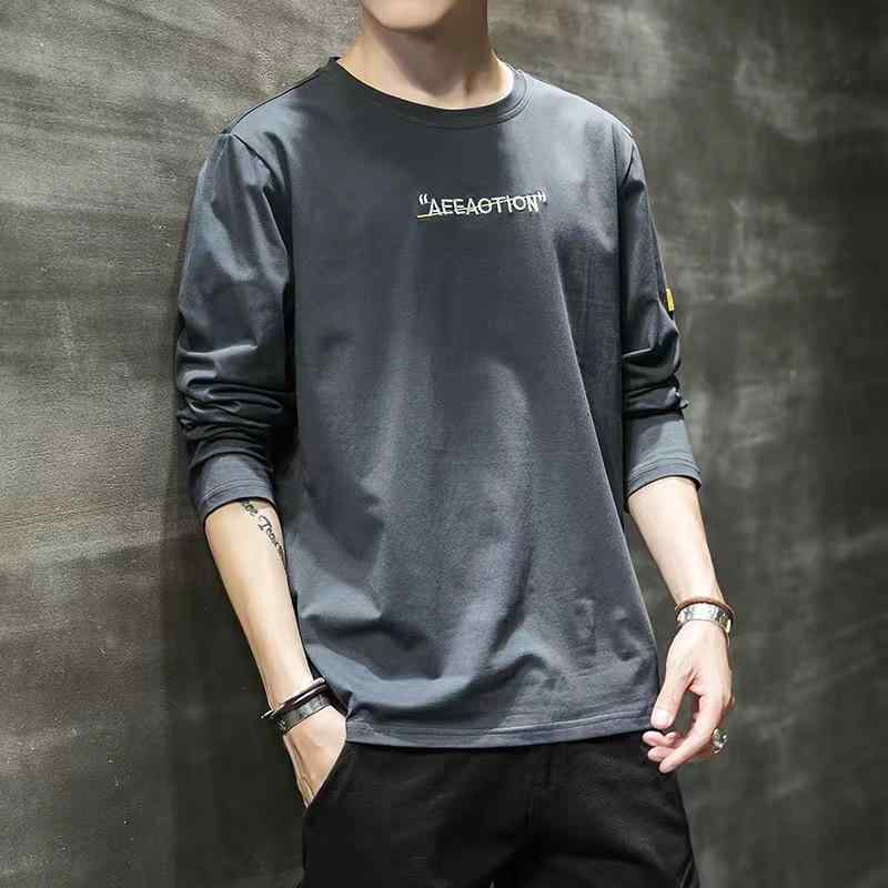 Tシャツ メンズ 長袖 トップス プリント カットソー 丸首 ポリエステル 伸縮性 ゆったり 大きめサイズ 春秋 普段使い 部屋着 グレー系 ブラック ホワイト