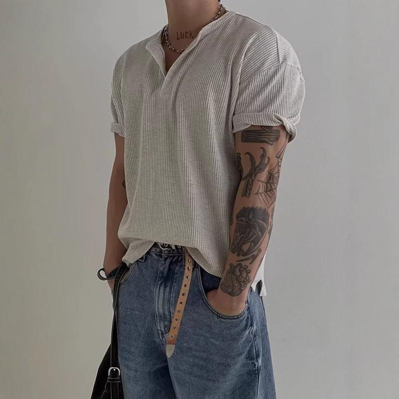 Tシャツ メンズ 男性用 ヘンリーネック 半袖 ポリエステル 無地 ルーズ 薄手 通気性 普段使い 春夏 グ..