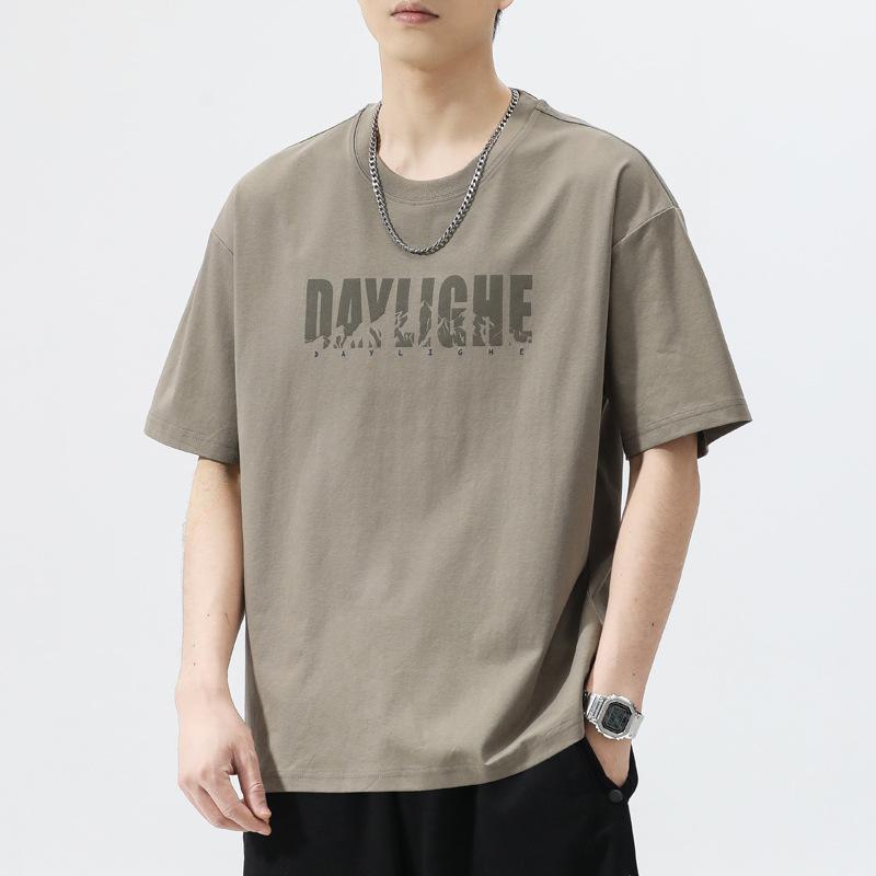 Tシャツ メンズ 男性用 半袖 ポリエステル ラウンドネック プリント 薄手 ゆったり トップス 普段着 部屋着 ブラック ホワイト ブラウン ベージュ グレー グリーン