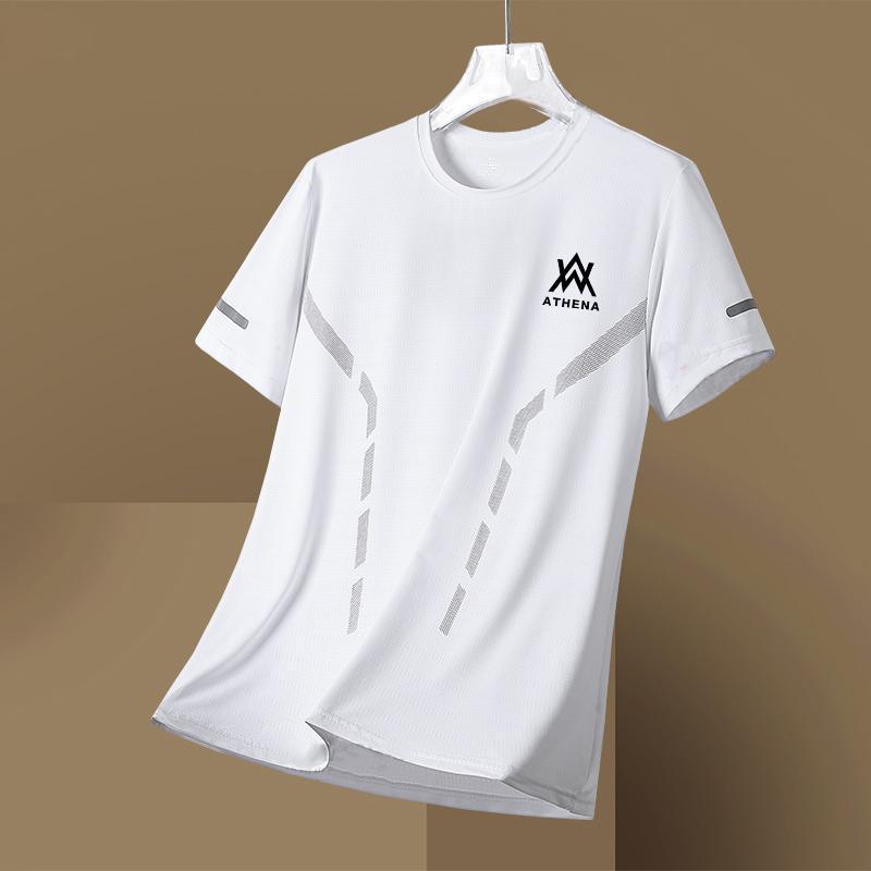 Tシャツ メンズ 男性用 半袖 接触冷感 トップス 丸首 ポリエステル 無地 薄手 速乾 幾何学模様 春夏 ブルー ホワイト ブラック グレー