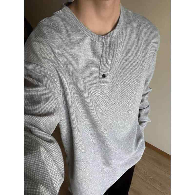 Tシャツ メンズ 男性用 ワッフル 長袖 ヘンリーネック カットソー トップス プルオーバー 浅グレー ライトグレー ゆったり ルーズフィット リラックス カジュアル 日常着