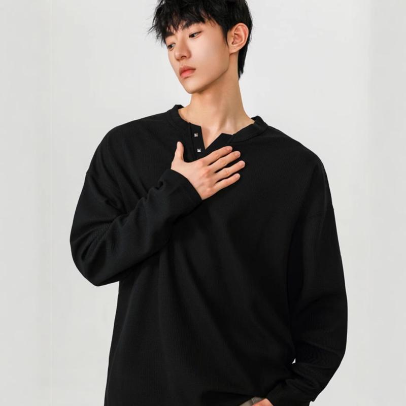 Tシャツ メンズ 男性用 ワッフル ヘンリーネック 長袖 カットソー トップス プルオーバー 無地 Vネック..