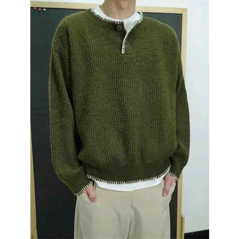ニット メンズ ヘンリーネック プルオーバー 秋冬物 レトロ ゆったり 厚手 鹿毛绒 ポリエステル トップス 緑系 アイボリー ブラック