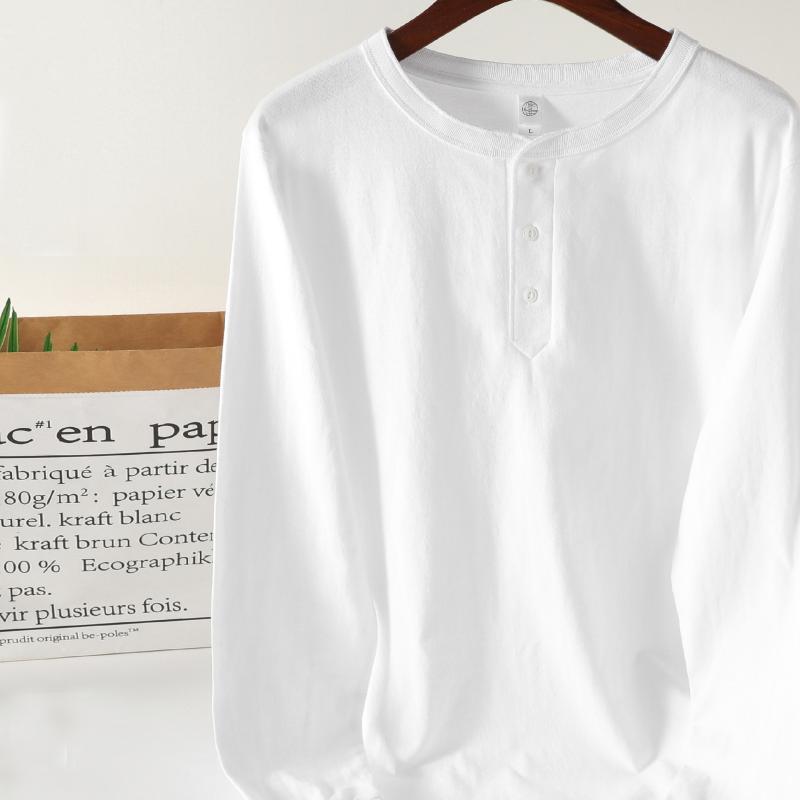 Tシャツ 男女兼用 長袖 ヘンリーネック カットソー コットン 厚手 無地 白 黒 紺 春秋冬 普段使い ルームウェア