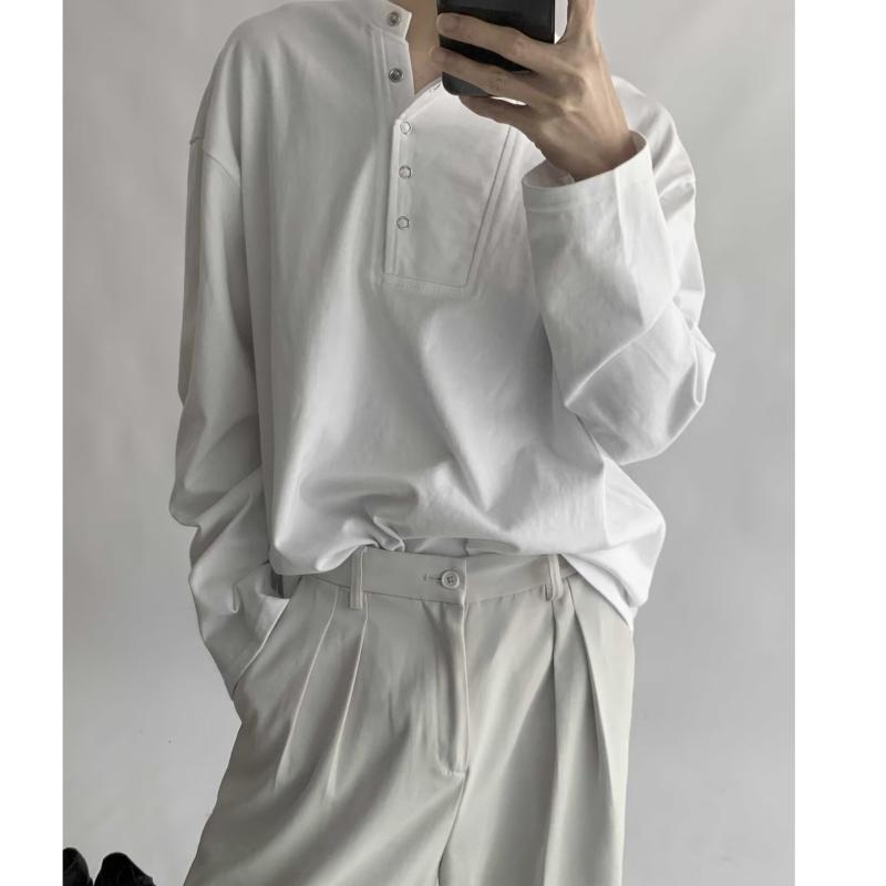 Tシャツ メンズ 長袖 無地 ヘンリーネック プルオーバー トップス メタルボタン装飾 カットソー ゆったり リラックス おしゃれ着 普段使い 春秋 ポリエステル混紡 ホワイト ブラック