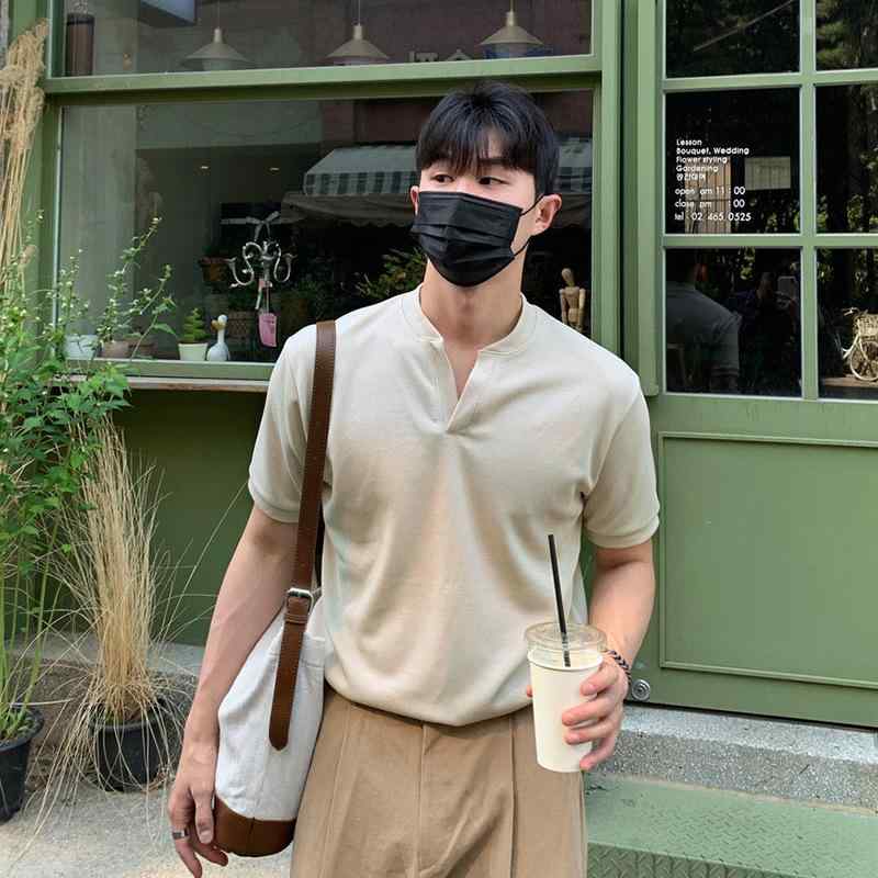 Tシャツ メンズ 半袖 ヘンリーネック Vネック コットン トップス カットソー 無地 薄手 涼しい 快適 吸湿速乾 カジュアル 春夏 グレー 紺色 ブラック ホワイト