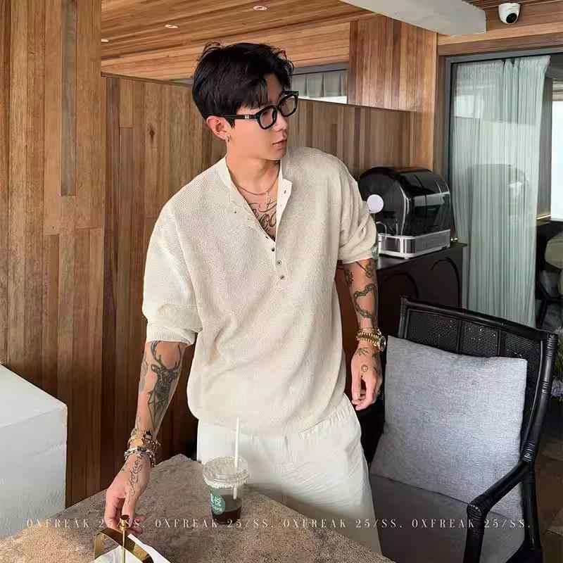 Tシャツ メンズ ヘンリーネック 長袖 カットソー プルオーバー 接触冷感 無地 ゆったり Vネック トップス 部屋着 リラックス ルームウェア