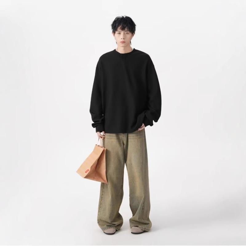 Tシャツ 男女兼用 ヘンリーネック 長袖 ワッフル 無地 ゆったり カットソー トップス 春秋 カジュアル 普段使い 部屋着 黒 白 グレー ポリエステル