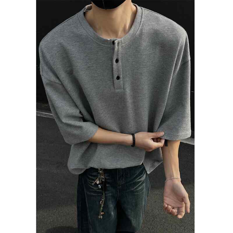Tシャツ メンズ 男性用 ヘンリーネック ワッフル 半袖 ゆったり ビッグシルエット 無地 薄手 普段使い 部屋着 ブラック グレー ホワイト ポリエステル