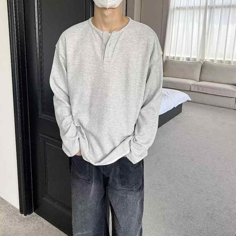 Tシャツ メンズ ヘンリーネック カットソー 長袖 レトロ ストライプ柄 ルーズフィット プルオーバー 春..