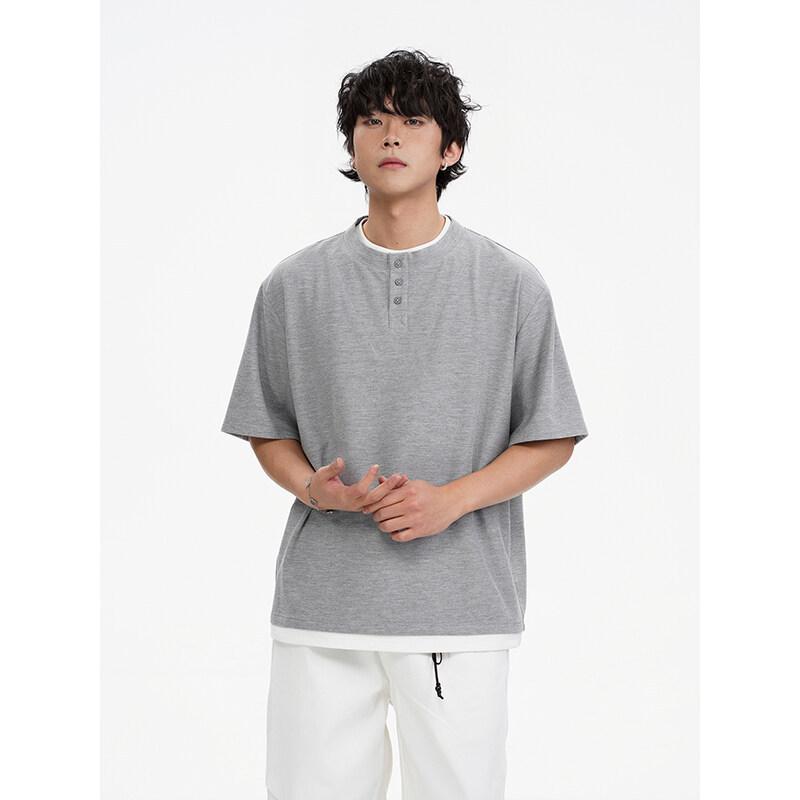 Tシャツ メンズ 半袖 ヘンリーネック ポリエステル トップス カットソー 無地 グレー ブラック 普段使い