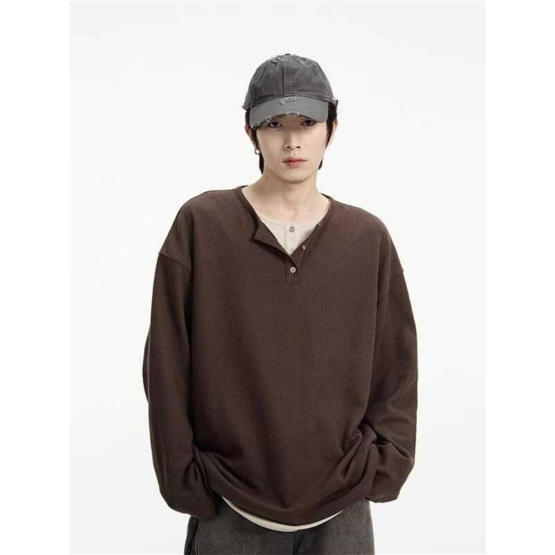 Tシャツ メンズ アメリカンレトロ カットソー 長袖 ポリエステル 無地 プルオーバー ラウンドネック リブ裾 高見え 黒/茶 M/L/XL/XXL 春秋 カジュアル
