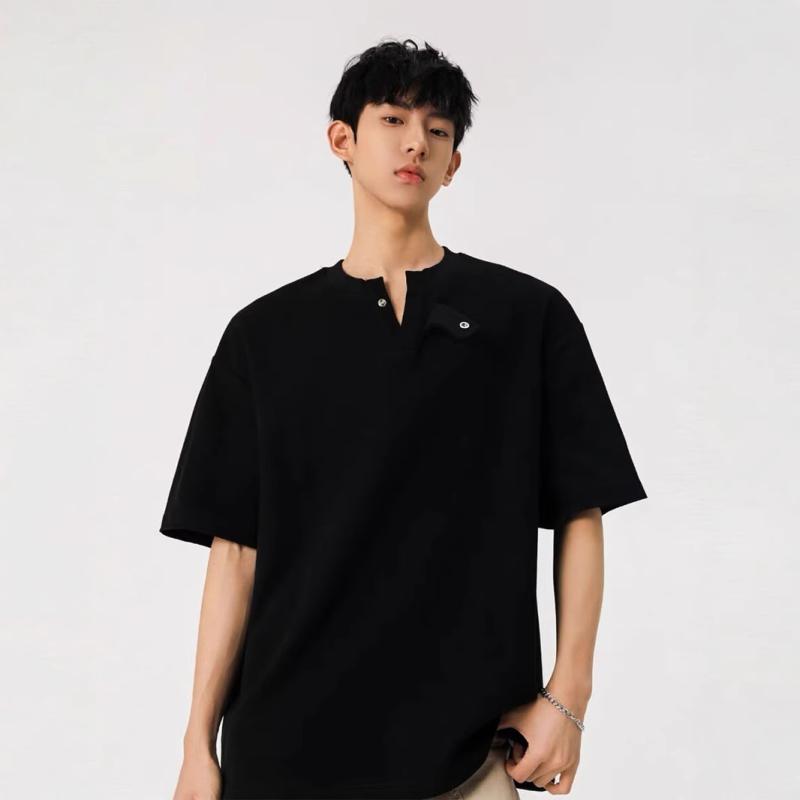 Tシャツ メンズ ヘンリーネック 半袖 コットン混紡 ゆったり トップス カットソー プルオーバー プリント カジュアル スタイル 春夏