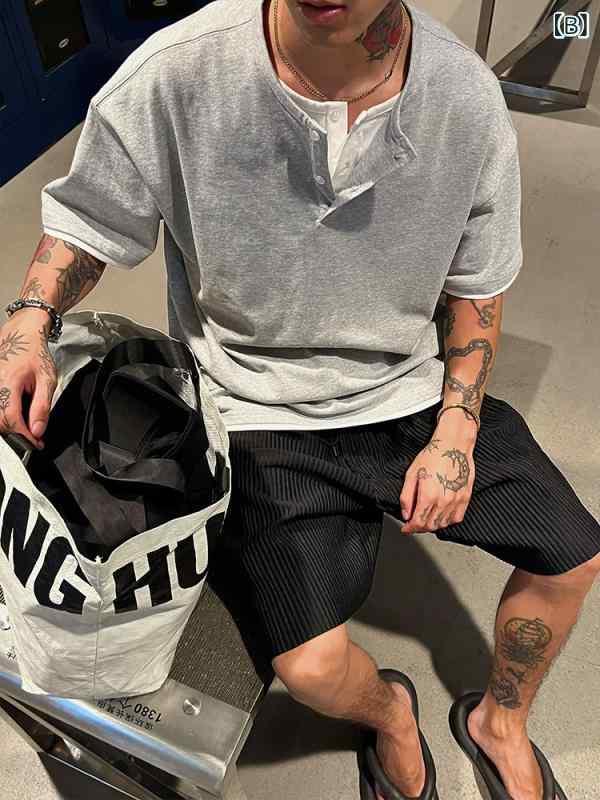 Tシャツ メンズ 半袖 ヘンリーネック ドッキング 薄手 コットン 無地 春夏 黒 ブラ...
