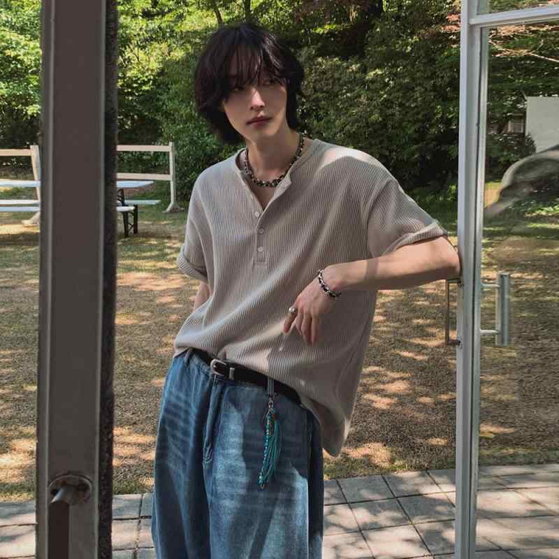 Tシャツ メンズ 半袖 コットン ヘンリーネック カットソー ドロップショルダー ゆったり 無地 韓国 カジュアル 白 ホワイト カーキ