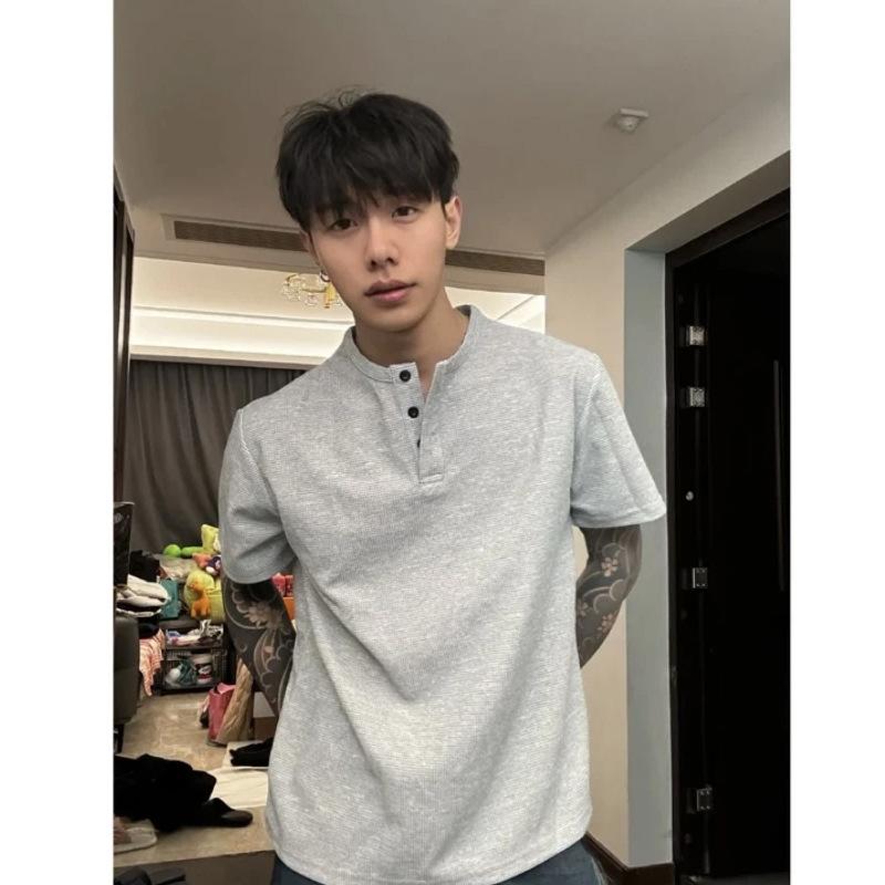 Tシャツ メンズ 半袖 ヘンリーネック 薄手 ワッフル 接触冷感 部屋着 ルームウェア 無地 スリムフィット 普段使い グレー ブラック ホワイト