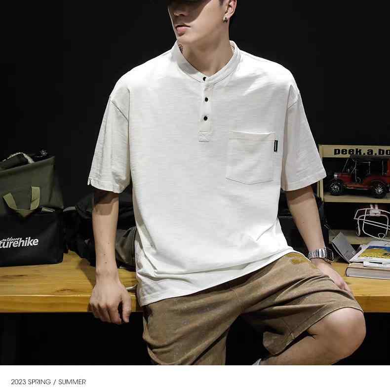 ポロシャツ メンズ 半袖 クラシック レトロ ヘンリーネック 竹節綿 アメカジ ワーク ゆったり 薄手 ト..