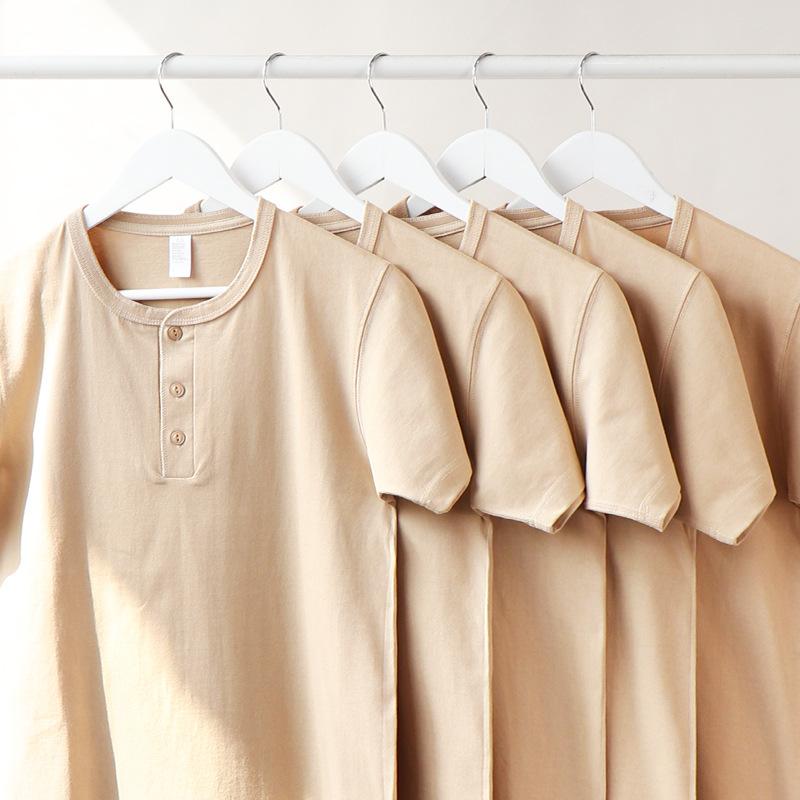 Tシャツ メンズ ヘンリーネック カーキ 半袖 トップス カットソー 綿 コットン 無地 プルオーバー 250g 厚手 カジュアルスタイル