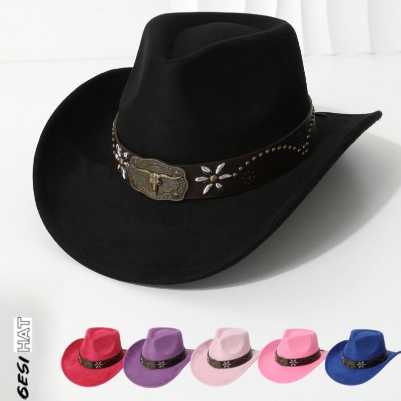 Hats - 帽子 レディース メンズ ウエスタン カウボーイ ハット スエード 桃心 巻きブリム 礼帽 秋冬 ブラック レッド パープル ピンク ブルー(x2)