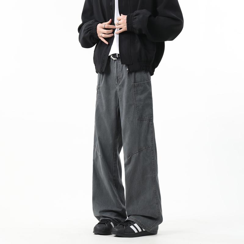 ジーンズ メンズ ヴィンテージ風 無地 ストレート ワイドレッグ ワークパンツ ロングパンツ コットン 洗い加工 ブラック系 グレー系 グリーン系