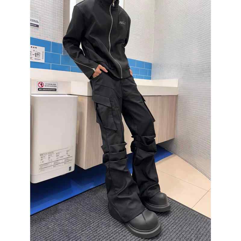 カジュアルパンツ 男性用 ワークパンツ 伸縮性 テーパードパンツ ポリエステル 無地 ブラック 黒 春秋 スラックス 微光沢 ゆったりシルエット
