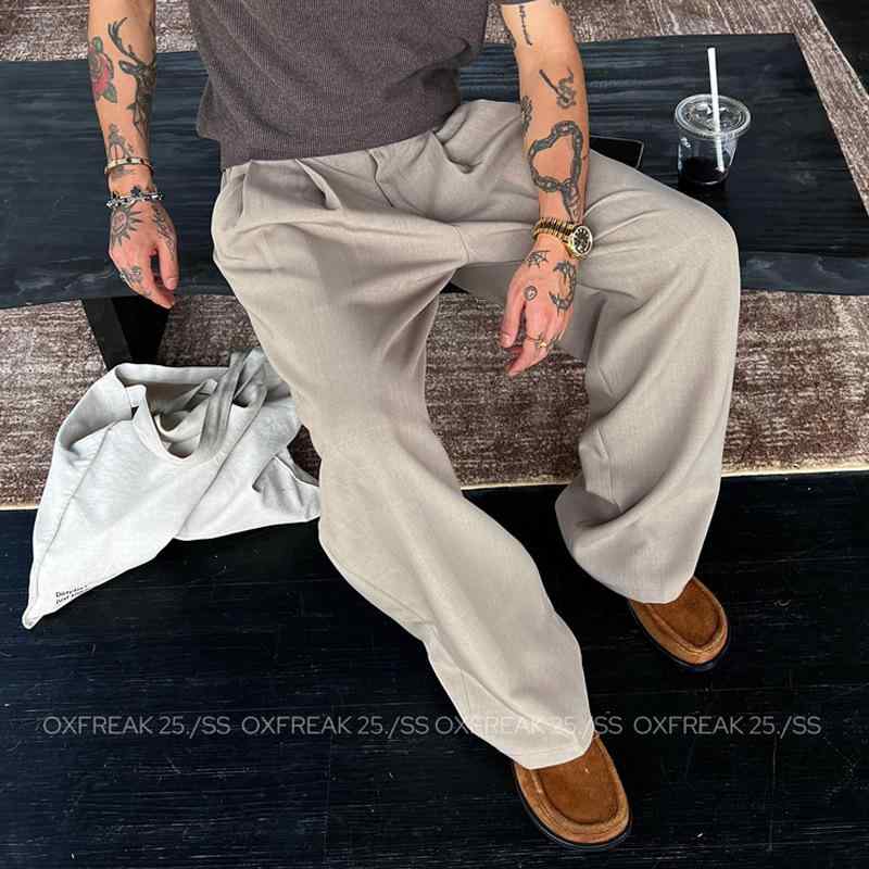 パンツ メンズ 男性用 ストレートパンツ ゆったり 韓国 カジュアル 薄手 ポリエステル 伸縮性 無地 飾..