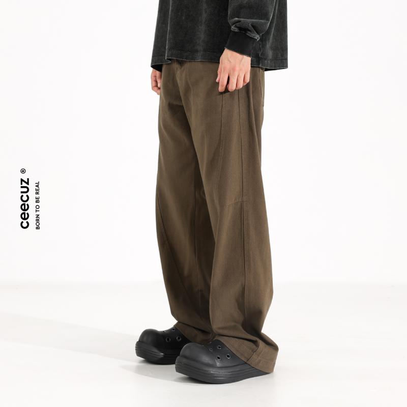 パンツ 男性用 リラックス ストレート 高腰 ロングパンツ 春秋 薄手 無地 ポケット付き コーヒー色 カ..