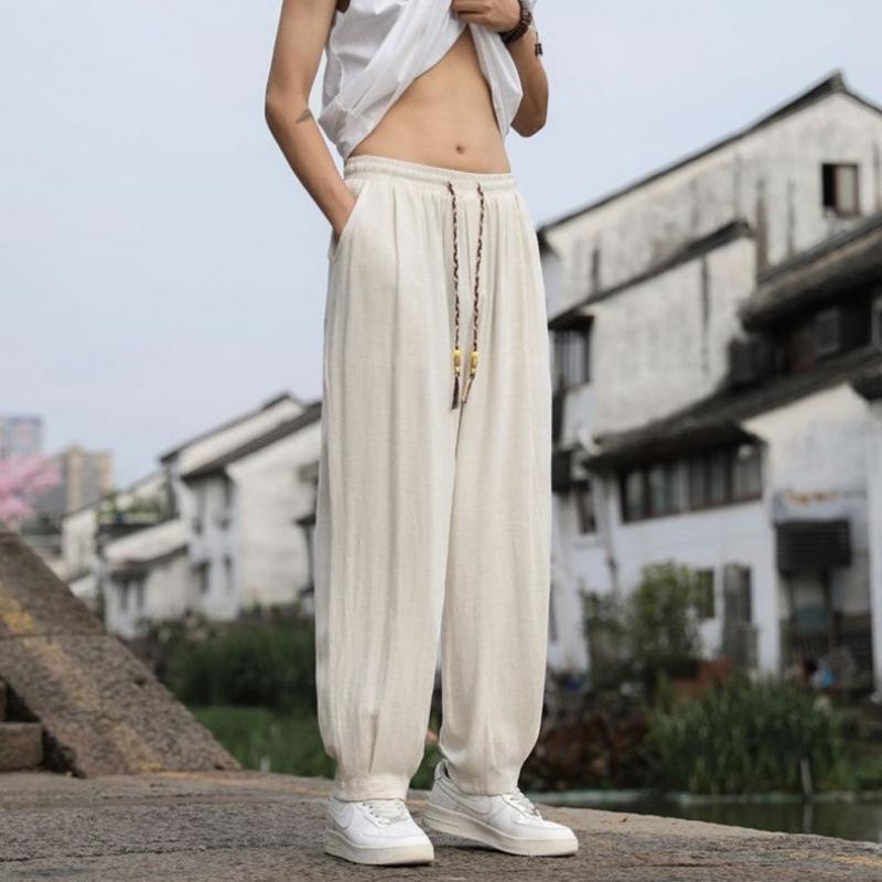 麻パンツ メンズ 男性用 ワイドレッグパンツ ストレートパンツ リネンパンツ ルーズパンツ イージーパンツ 綿麻 混紡 中国風 ビッグサイズ ゆったり 大きめ ミディアムグレー ブラック ベージュ
