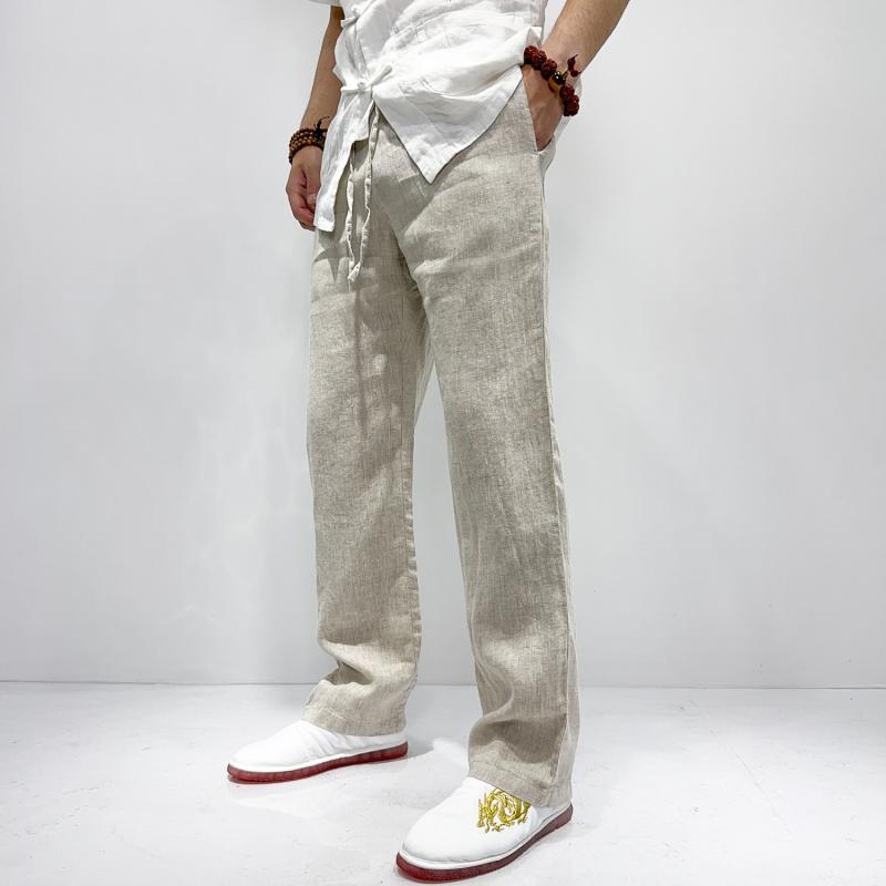 パンツ 男性用 リネン カジュアルパンツ ストレート 宽松 ウエストゴム 唐装 中国風 無地 麻 本色 紺色 黒 灰緑 白(x2)