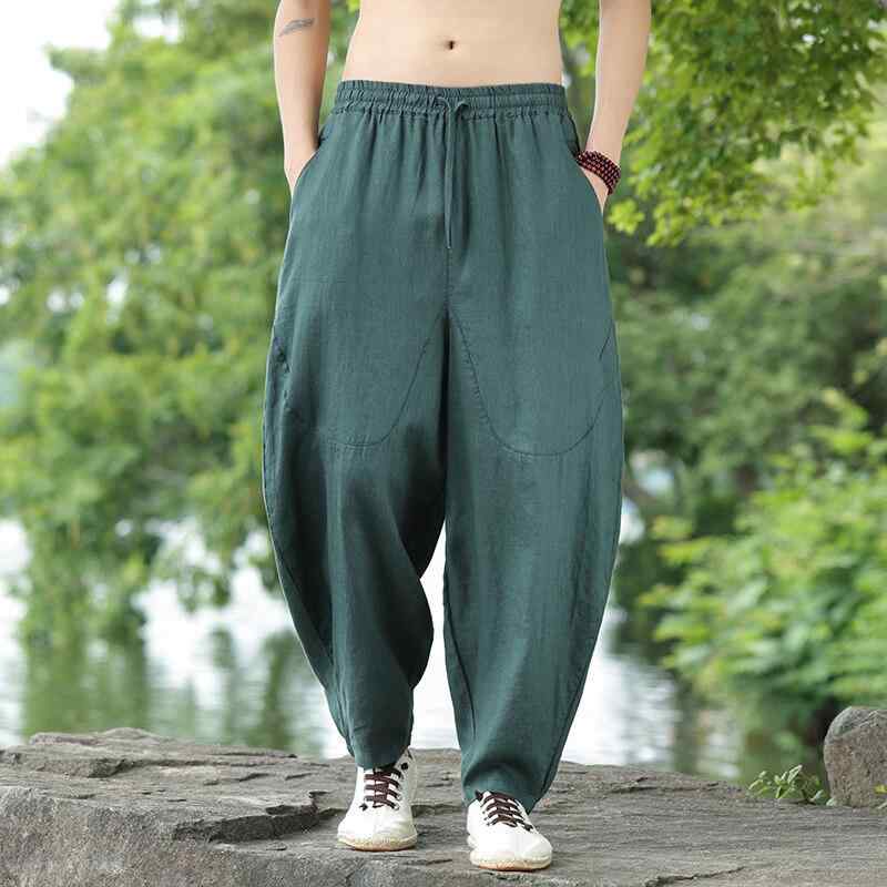 パンツ メンズ 亜麻 リネン カジュアルパンツ 中国風 ワイドパンツ サルエルパンツ ゆったり ウエストゴム 太極拳 練習着 ブラック カーキ グリーン 深 коричневый M L XL 2XL 3XL 4XL 5XL