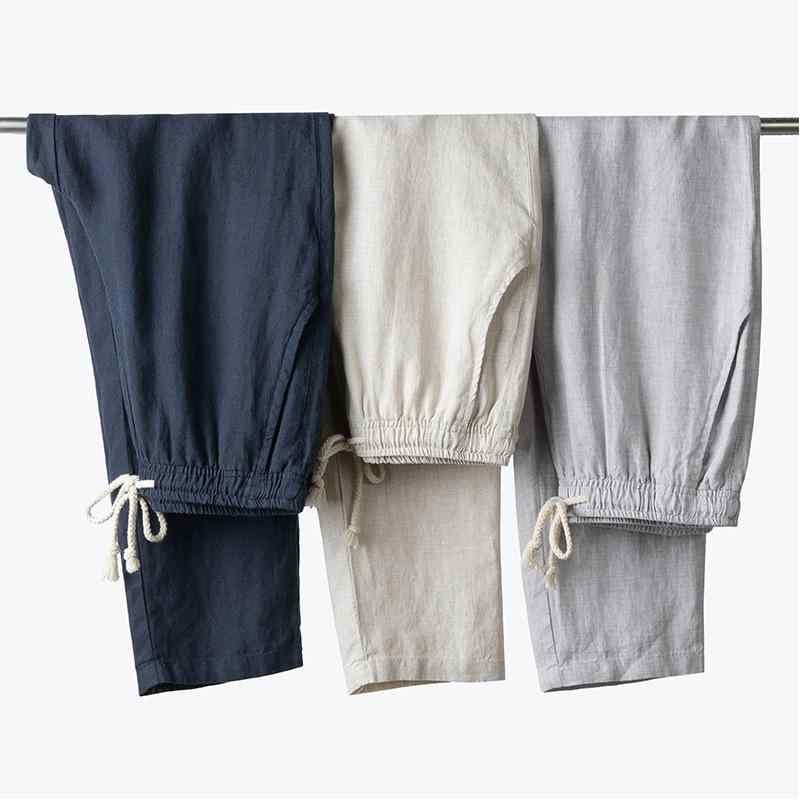 パンツ メンズ 男性用 リネンパンツ 9分丈 ストレート ズボン イージーパンツ 薄手 無地 亜麻色 紺色 グレー