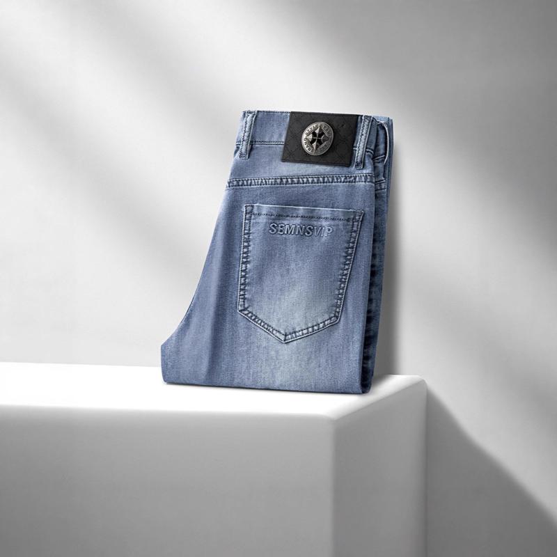 Men'S Wear - ジーンズ メンズ ストレート デニムパンツ ウォッシュ加工 ジーパン 綿混紡 伸縮性 薄手 ズボン グレー ブルー