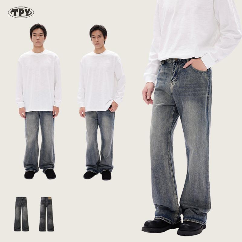 ジーンズ メンズ 男性用 デニムパンツ ストレート 高腰 ウォッシュ加工 ダメージ加工 ゆったり ルーズフィット ヴィンテージ 水色 ブルー コットン 混紡 ジーパン Gパン カジュアル アメカジ